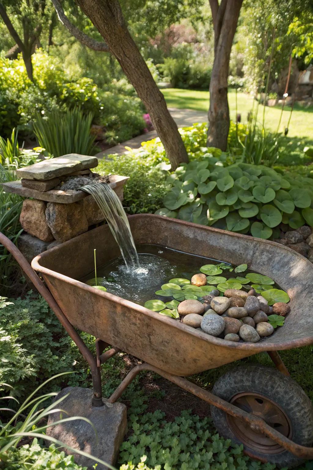 Transform vintage charm into tranquility with this rustic wheelbarrow water feature.