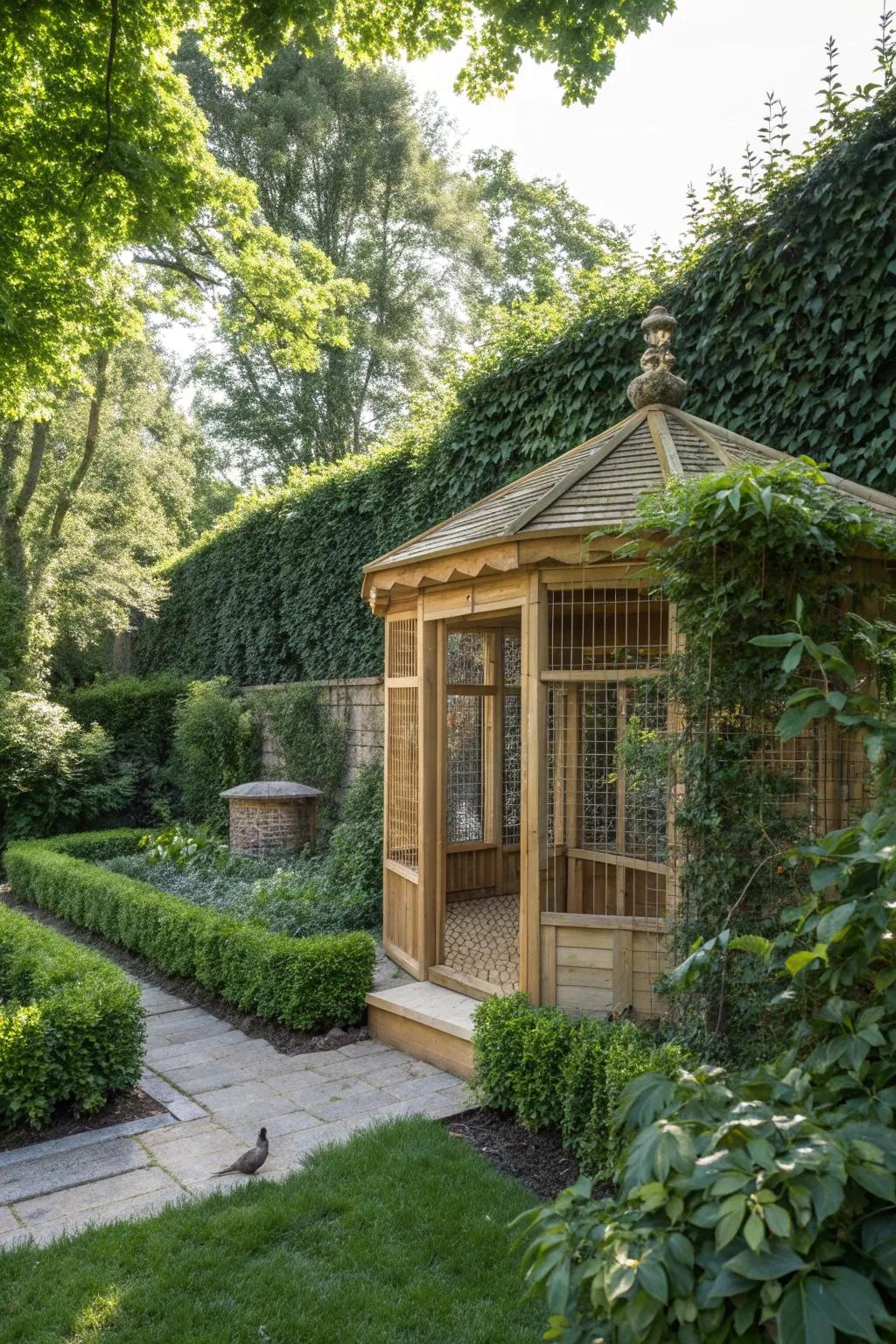 Discover the enchantment of a secret garden aviary, where nature meets minimalist elegance.