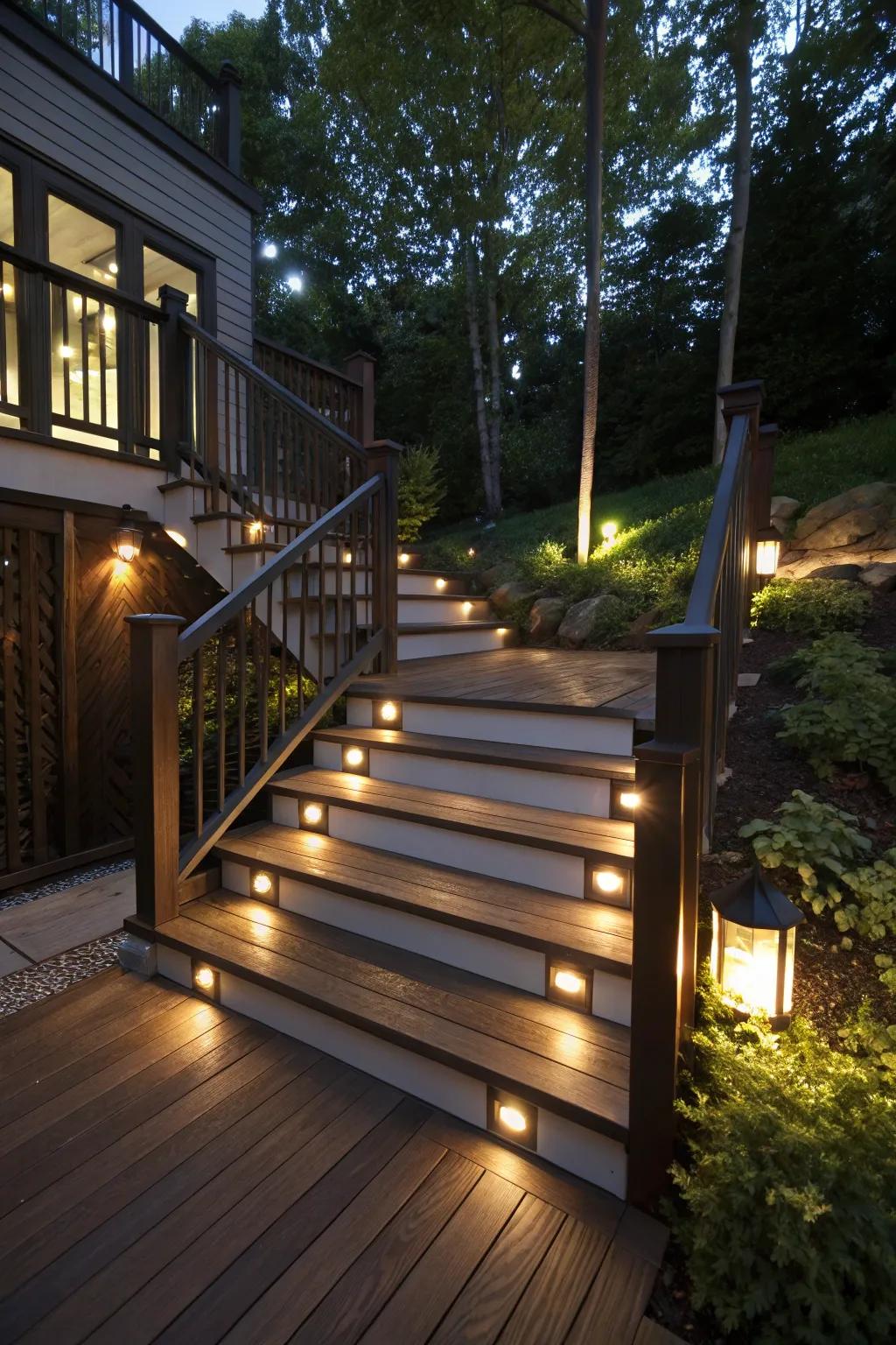 Illuminate your path with stunning integrated lighting designs for your outdoor deck stairs, blending safety with sophistication.