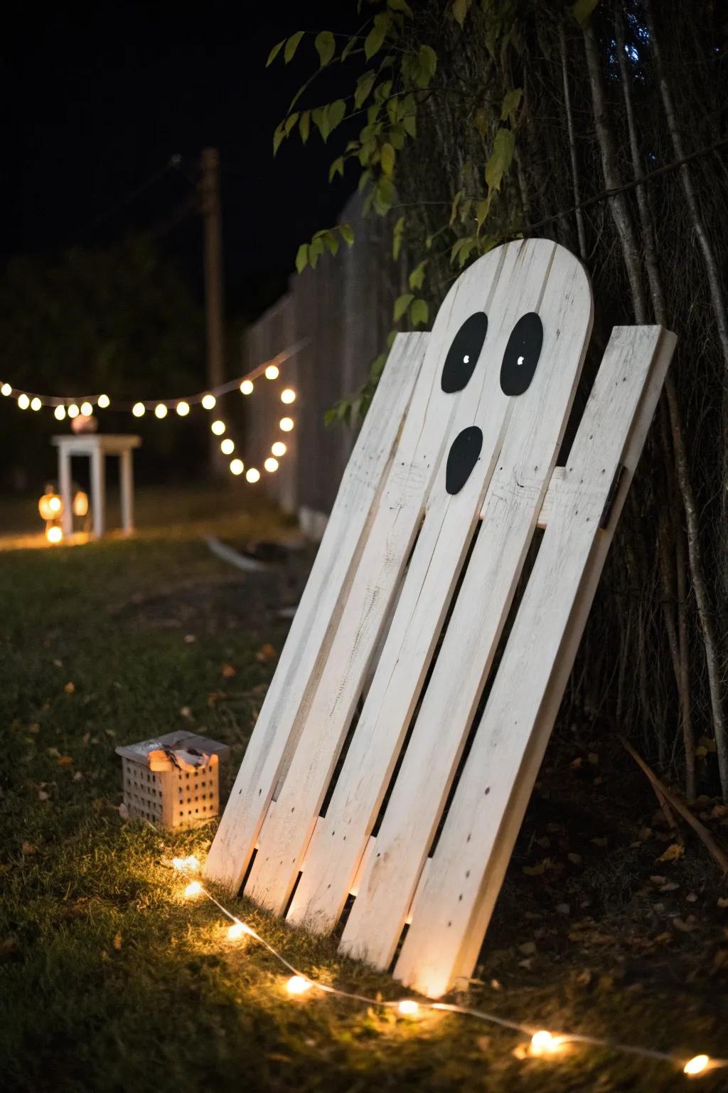Illuminate your Halloween night with ghostly pallet figures that glow with eerie charm.