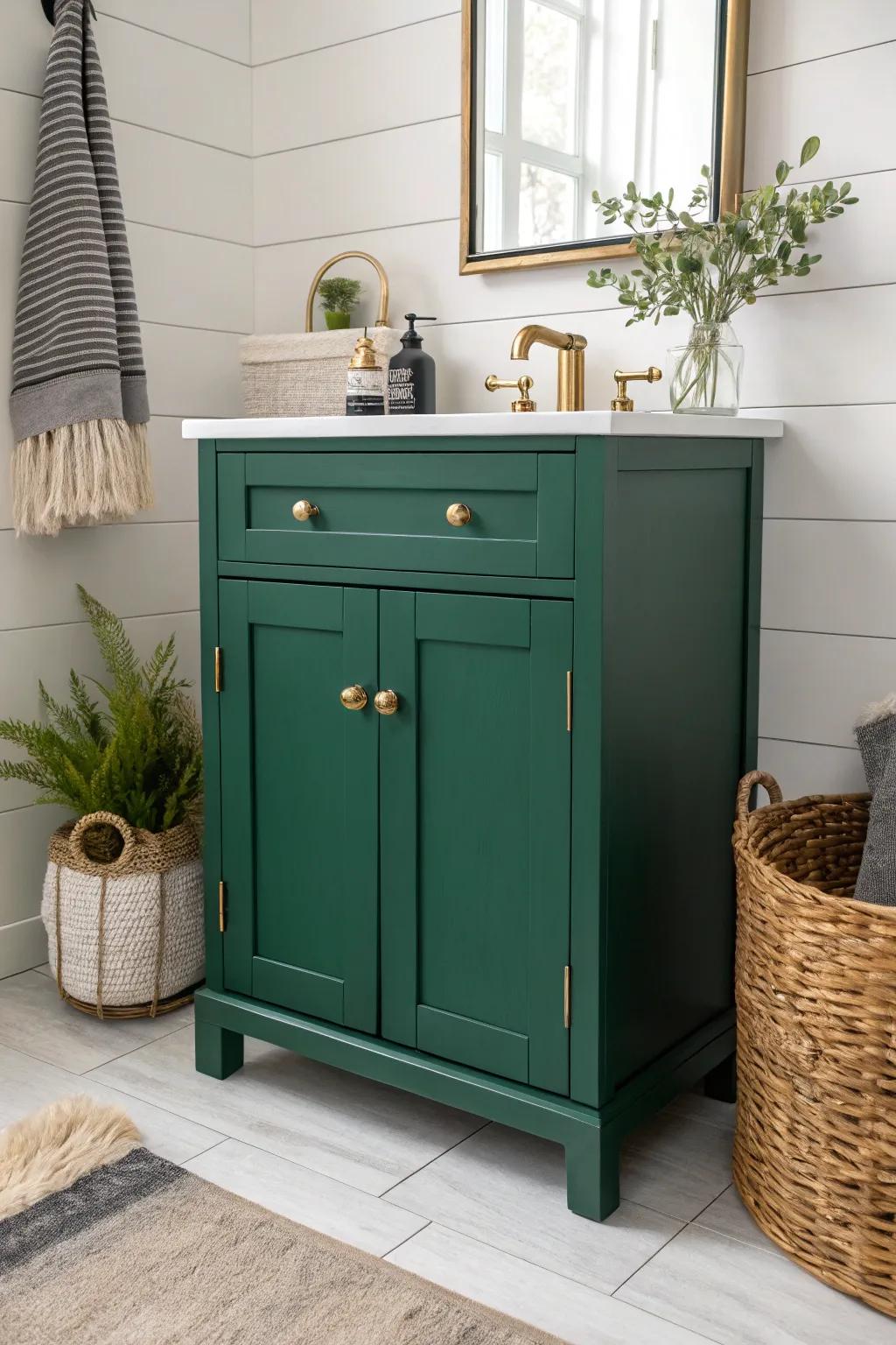 Transform your bathroom into a luxurious oasis with emerald green cabinets and gold accents.