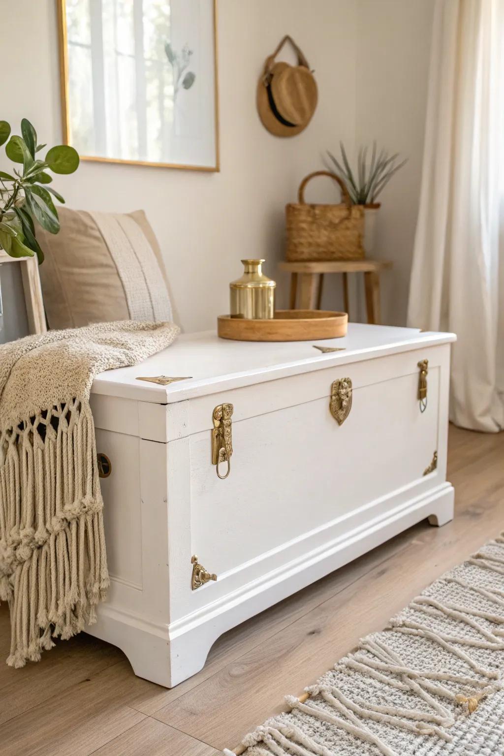 Elevate your space with a touch of metallic elegance on a classic cedar chest. #ScandiBohoChic #MetallicAccents