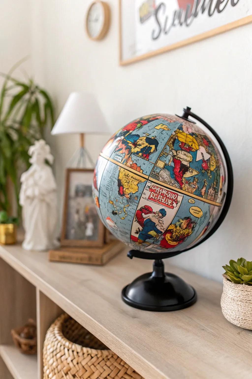 Transform your space with a comic book globe – where minimalist design meets playful creativity!