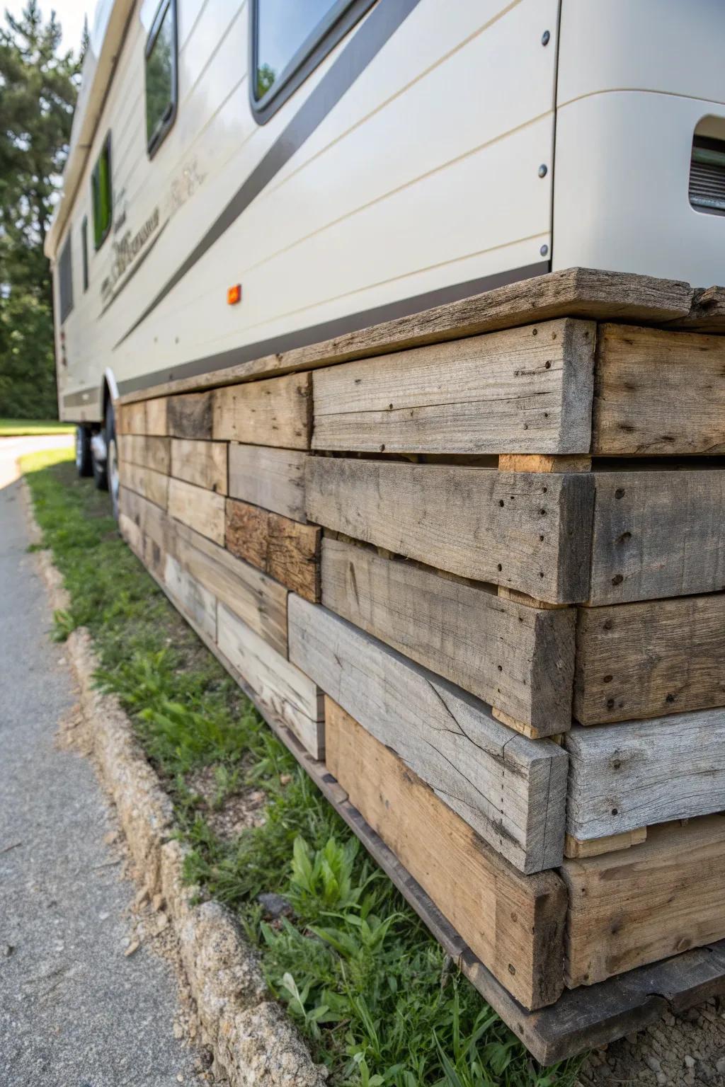 Embrace the rugged charm of reclaimed wood with this weathered pallet skirting for your RV.
