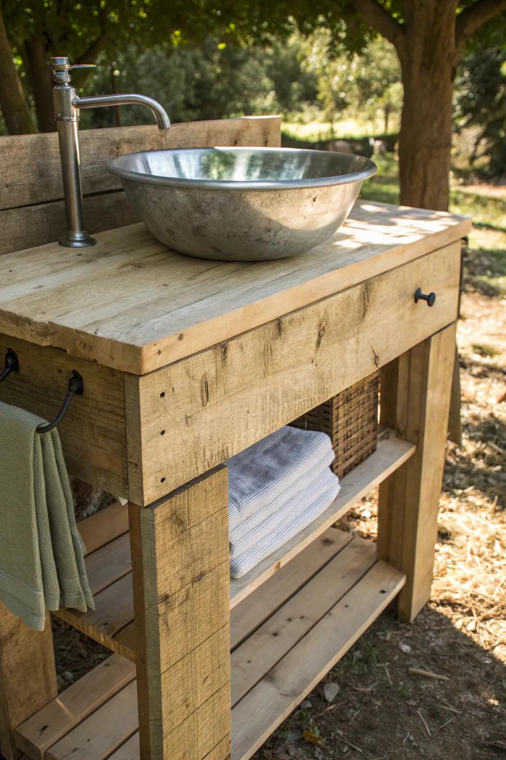Elevate your outdoor washing space with this rustic pallet sink featuring a practical towel rack — style meets function!