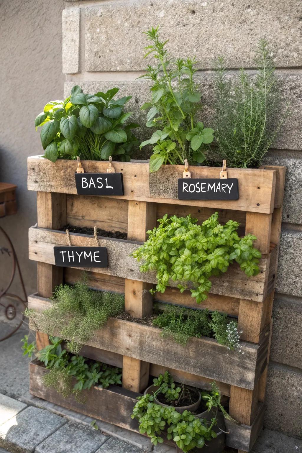 Elevate your kitchen game with a stylish pallet wood vertical herb garden. 🌿 #DIYHerbGarden #RusticCharm