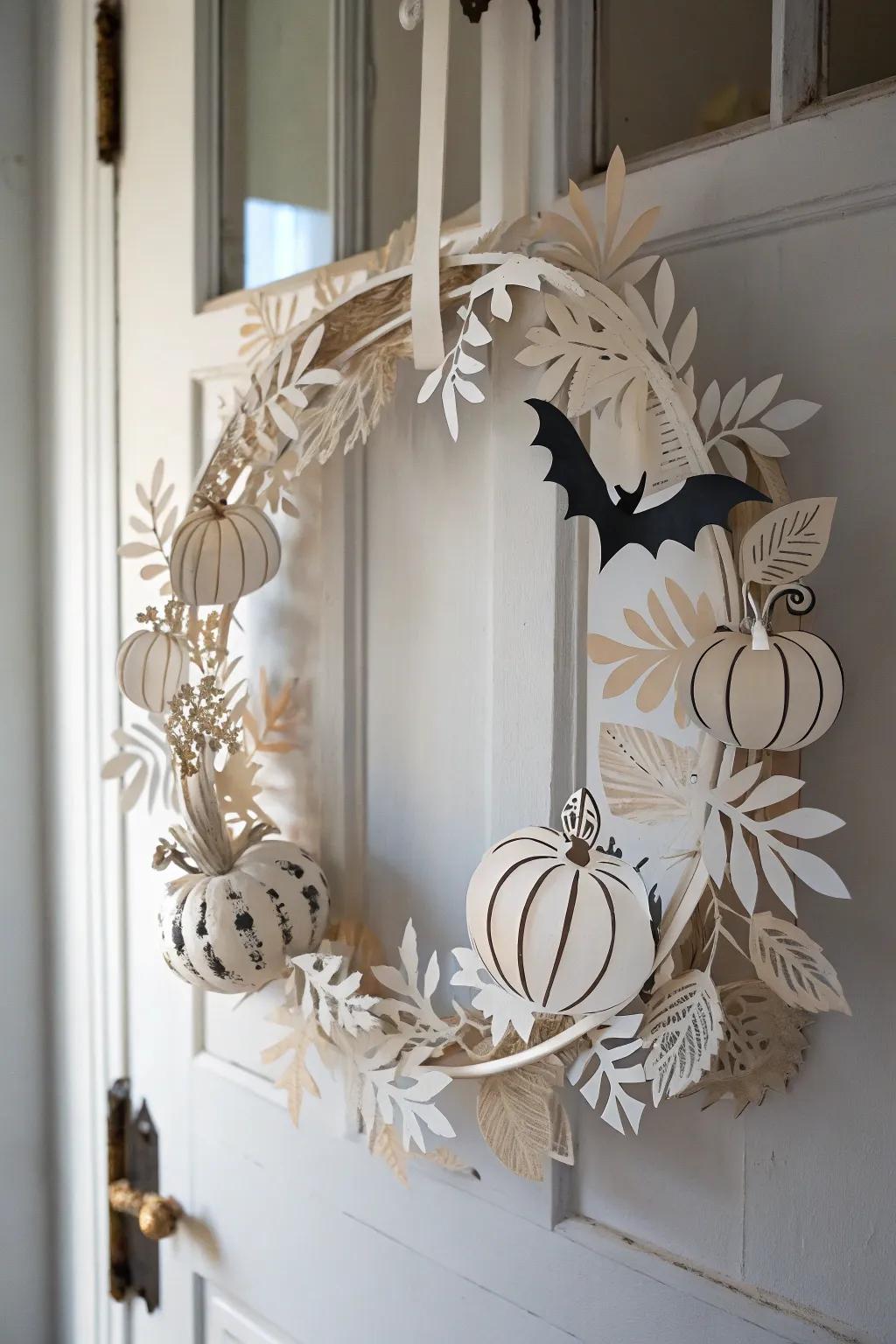 Craft your own enchanting Halloween wreath with paper motifs—perfect for adding a touch of whimsy and elegance to your decor!