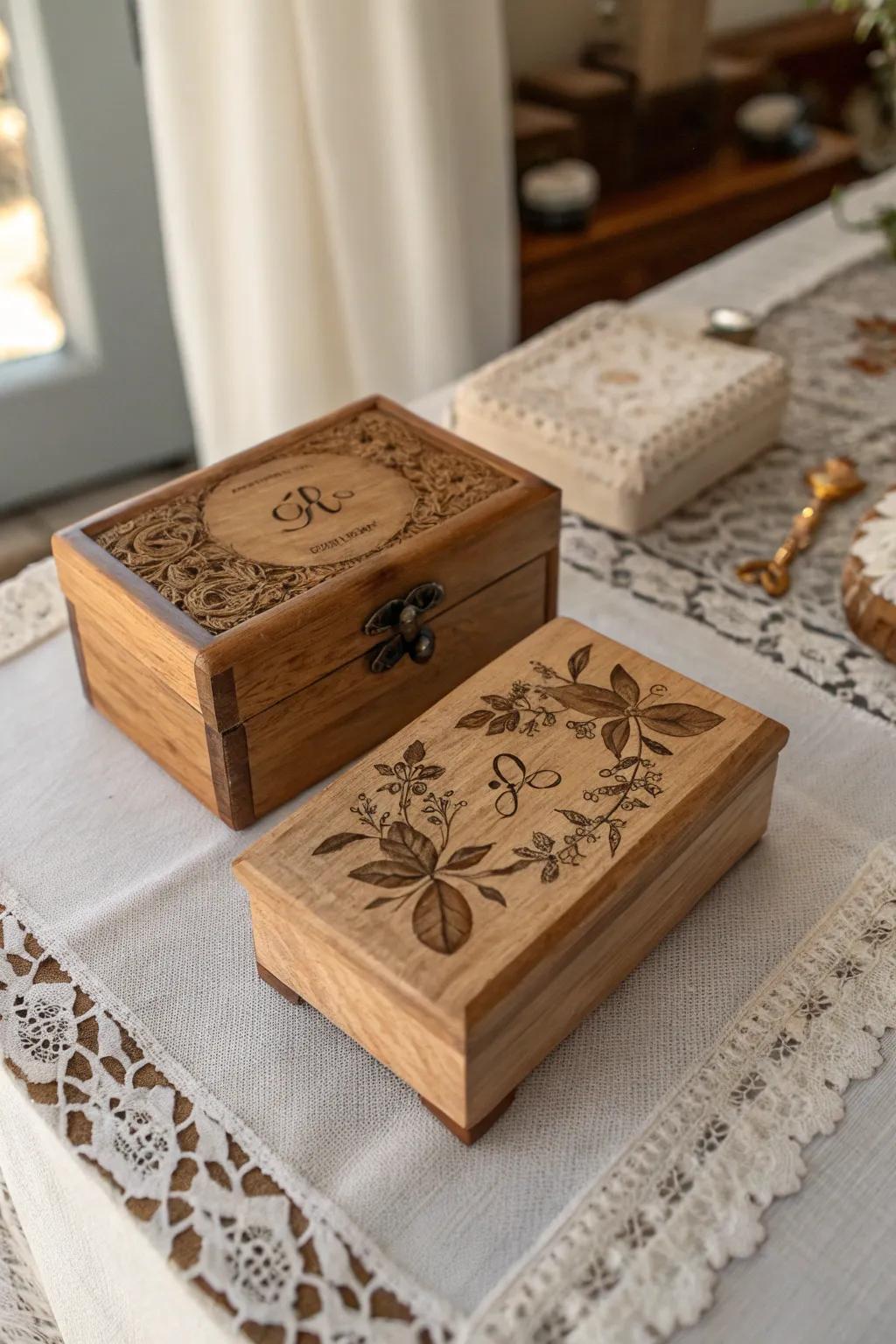 Engraved wooden boxes, a timeless keepsake for baptism guests.