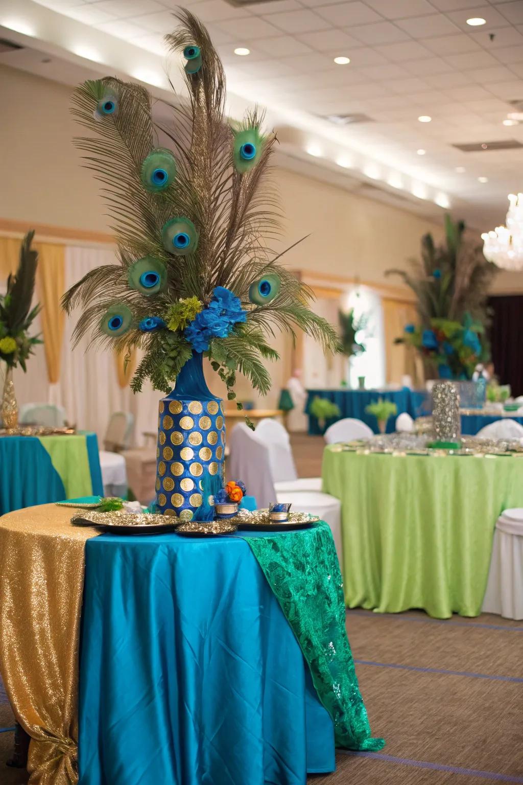 A reception space brought to life with bold peacock colors and decor.