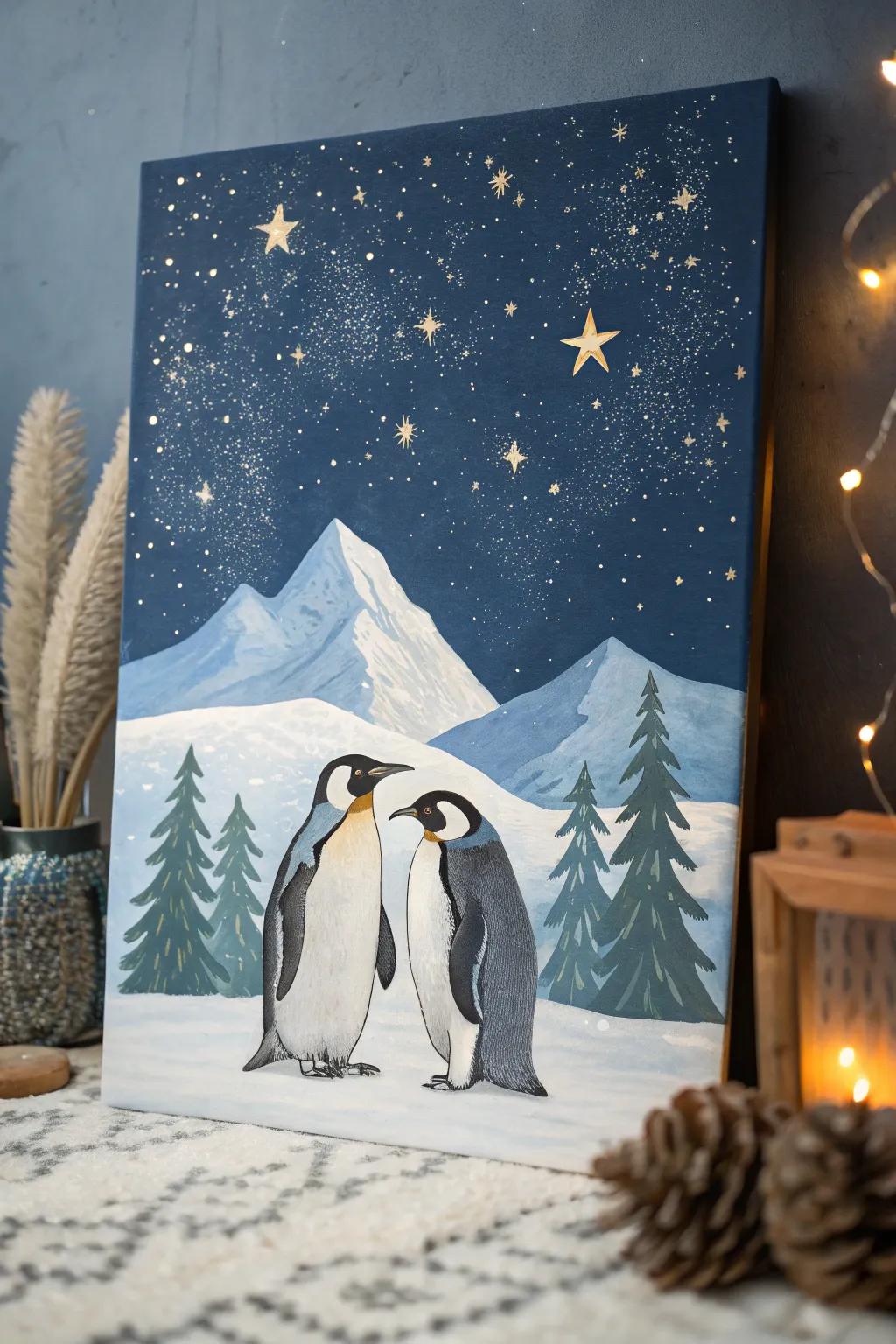 Embrace the magic of a starry night with these whimsical penguins.
