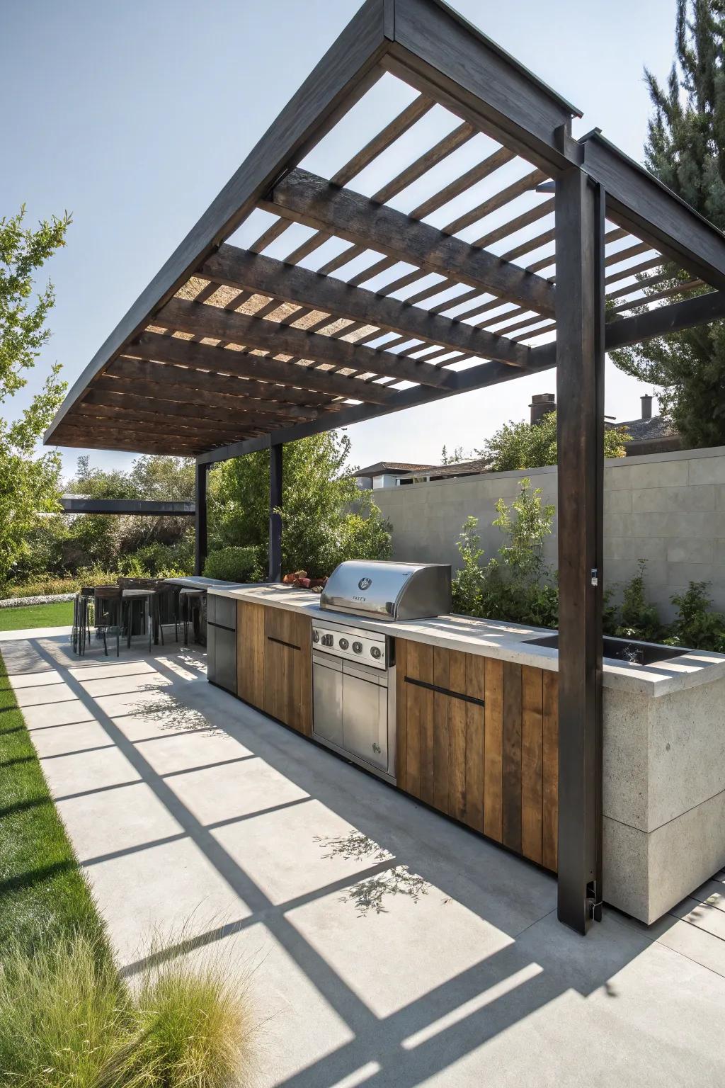 Elevate your grilling experience with an industrial style pergola that merges urban flair with natural charm.