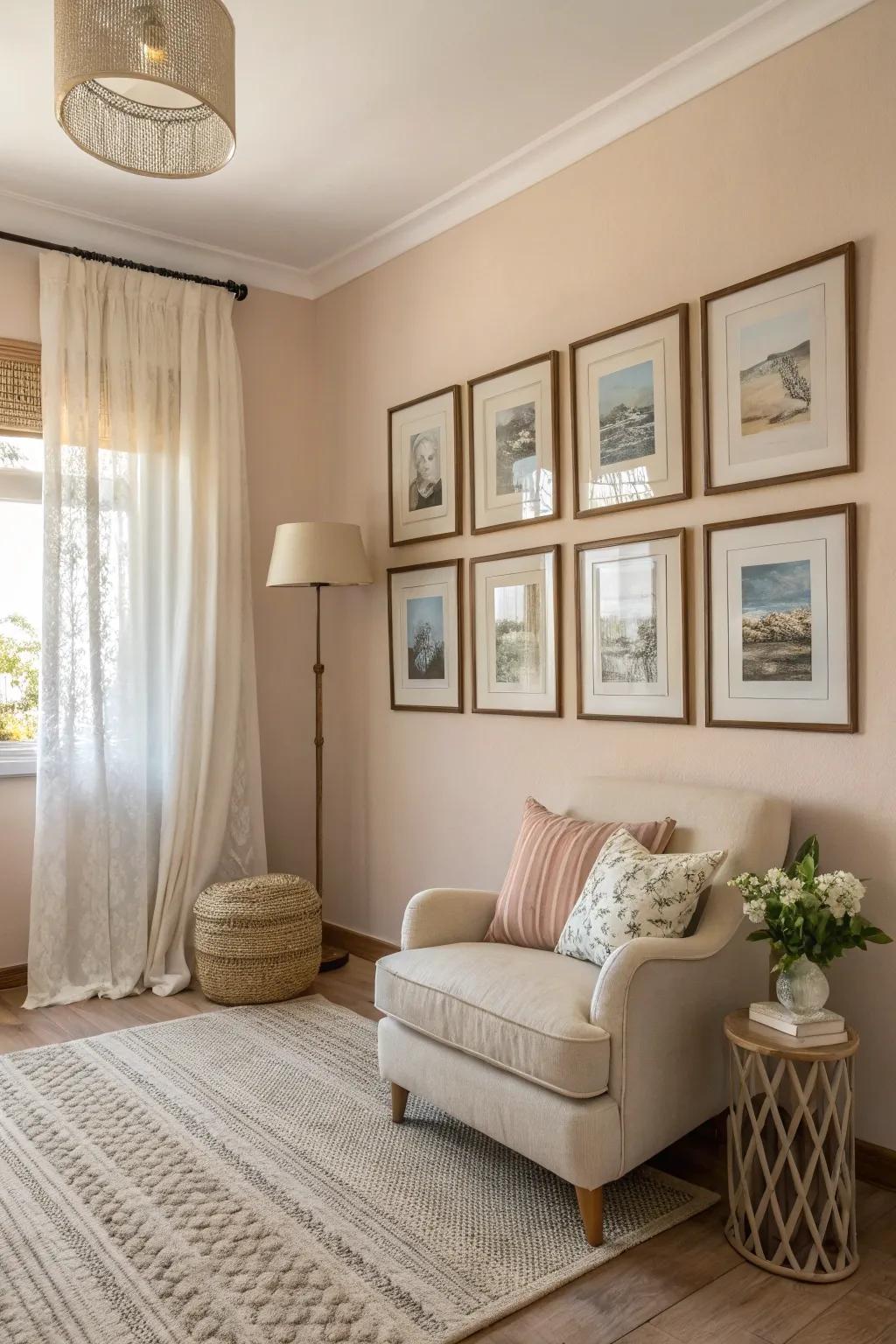 Neutral tones create a calm and sophisticated gallery wall.