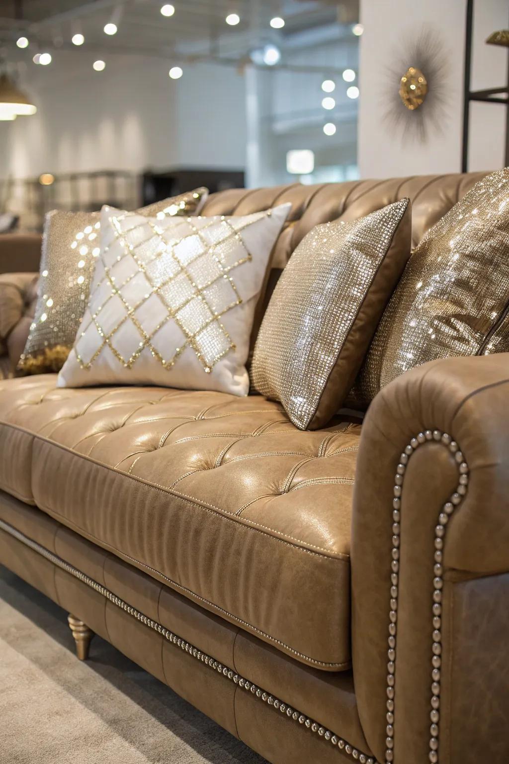 Metallic accents add a touch of glamour to a leather couch.