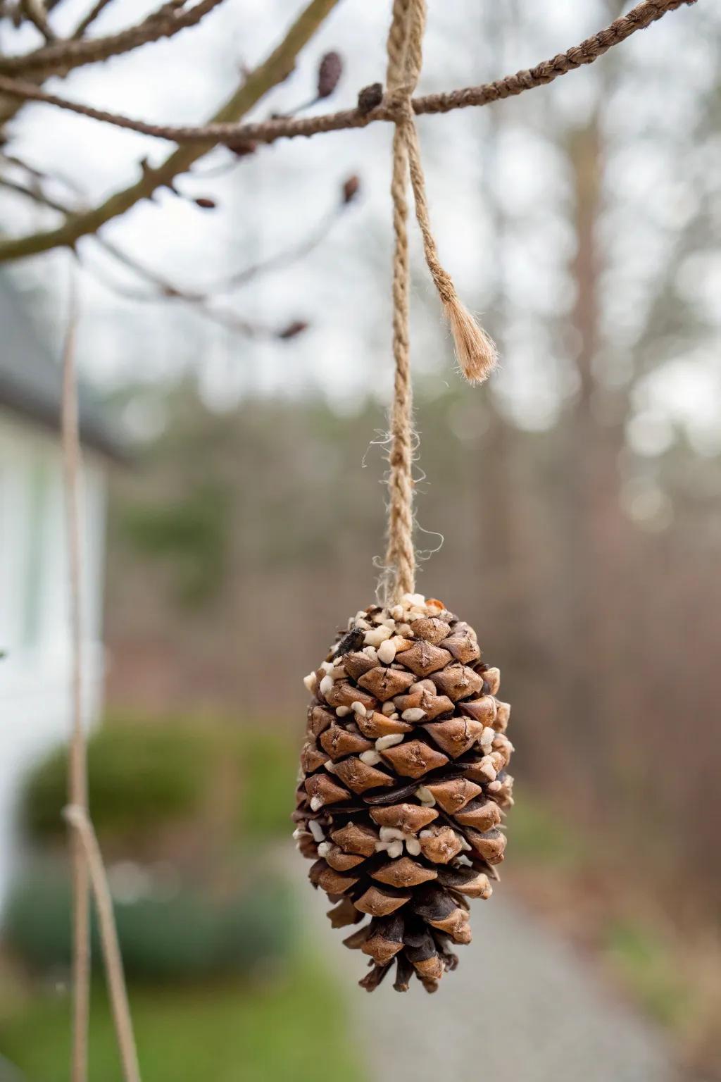 Invite nature into your garden with this charming pinecone bird feeder.
