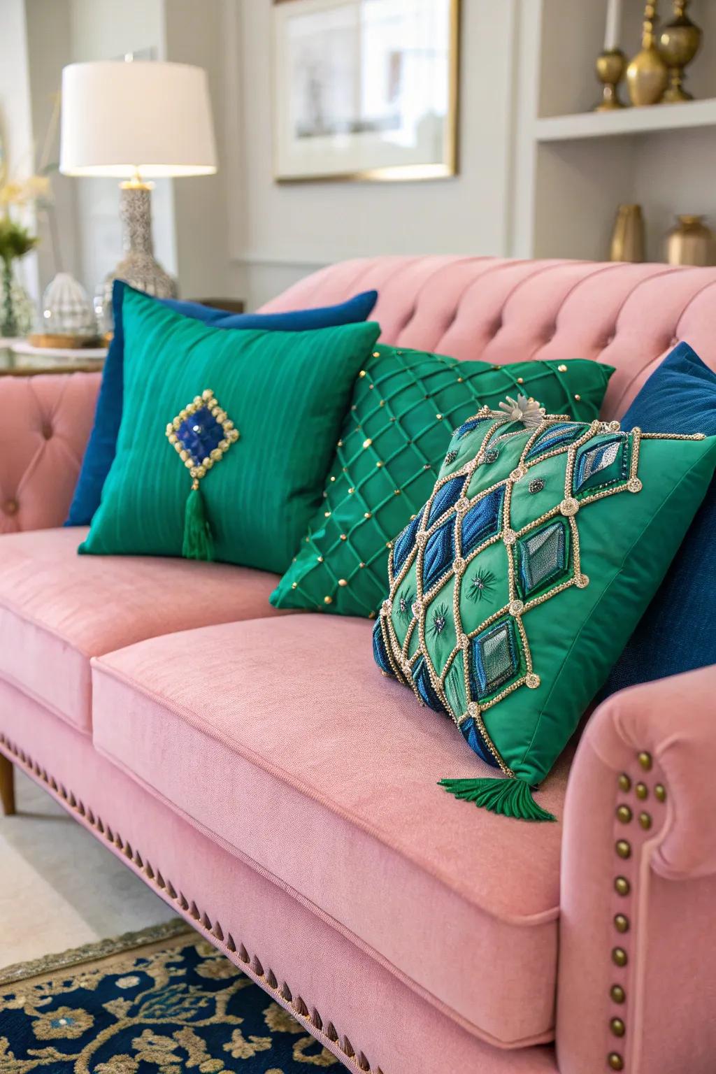 Jewel tones can add a luxurious touch to a pink couch setting.