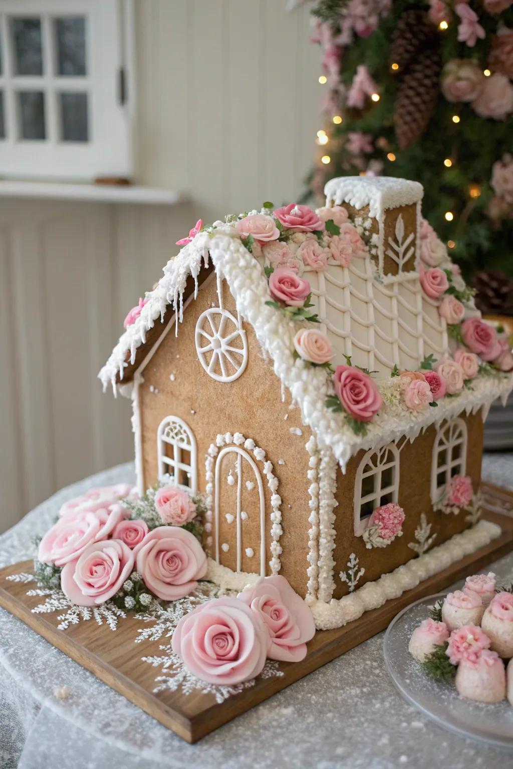A floral fantasy gingerbread house with sugar flowers.