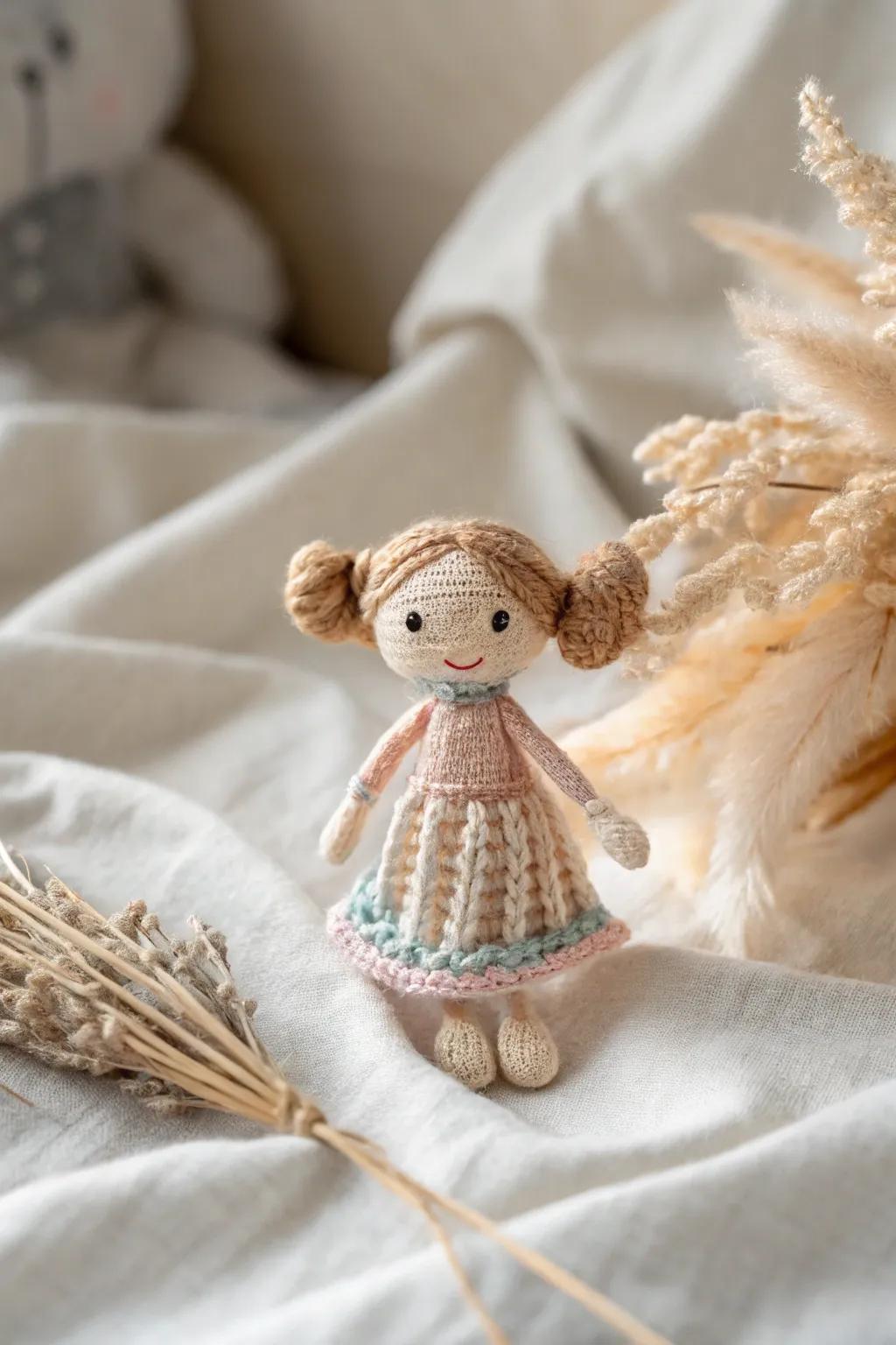 Embrace the charm of handcrafted whimsy with this delightful miniature doll, a perfect blend of Scandinavian minimalism and boho flair.