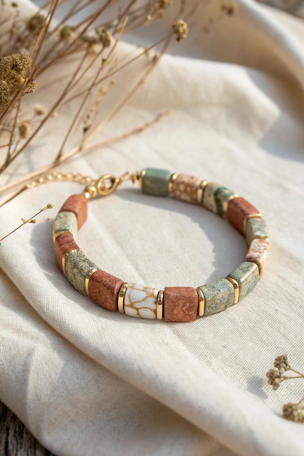 Embrace boho vibes with this handcrafted polymer clay bracelet, perfect for adding a touch of earthy elegance to any outfit.