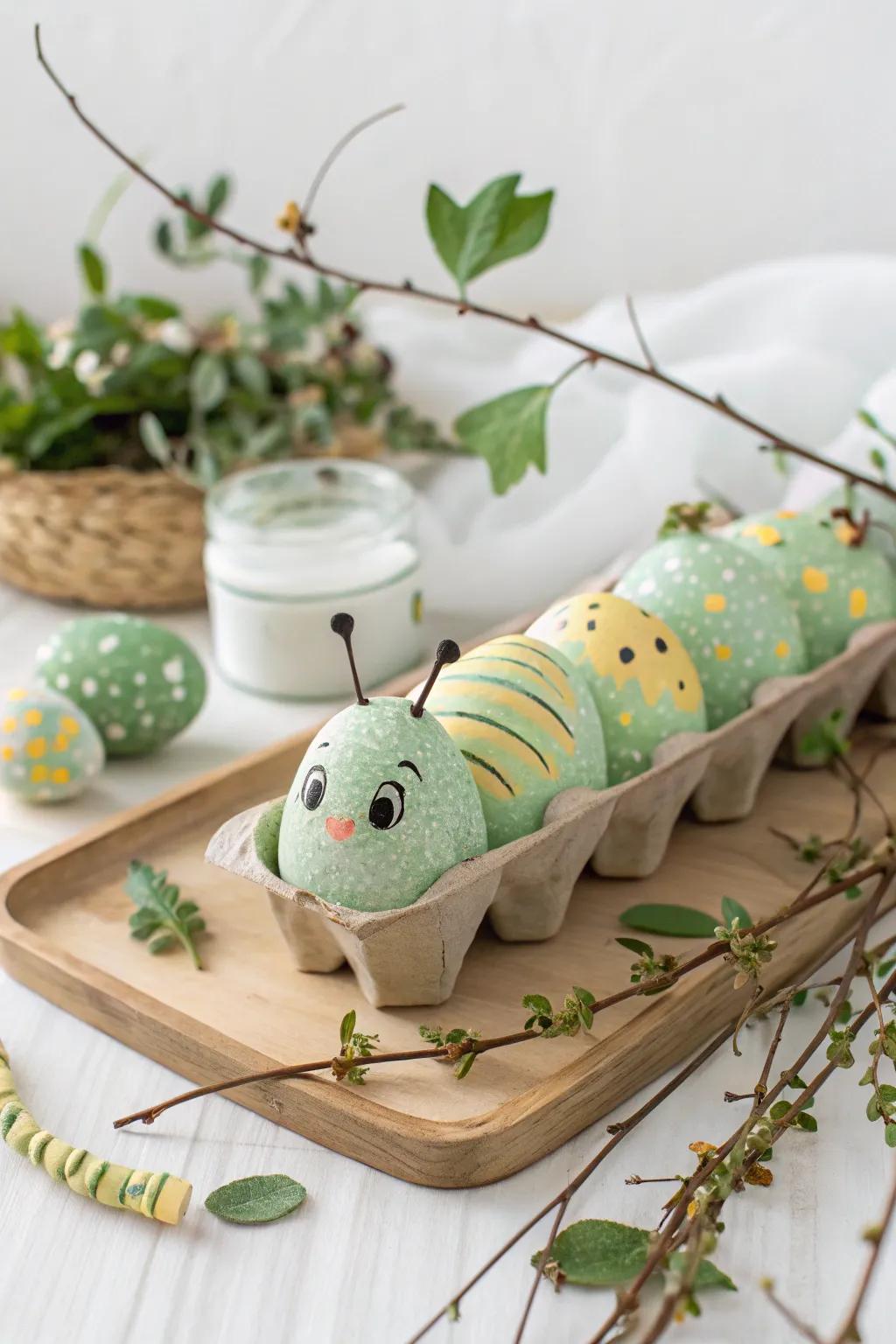 Transform upcycled egg cartons into charming caterpillars, blending creativity with nature's simplicity.