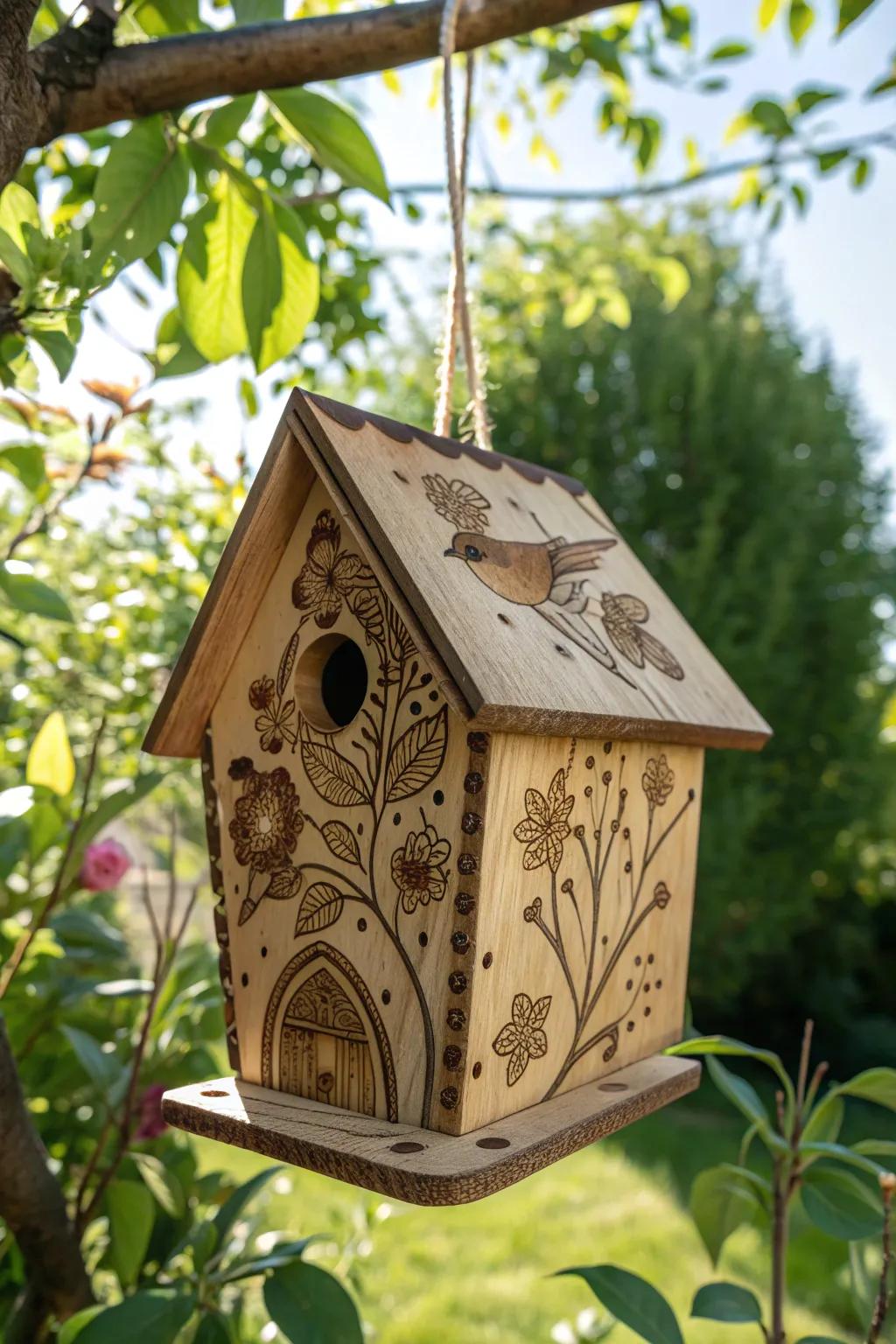 Invite nature's charm with a whimsical birdhouse, beautifully adorned with pyrography art.