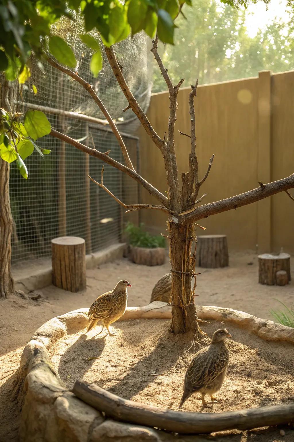 Transform your quail pen into a natural paradise with branches and dust baths for happy, healthy birds.