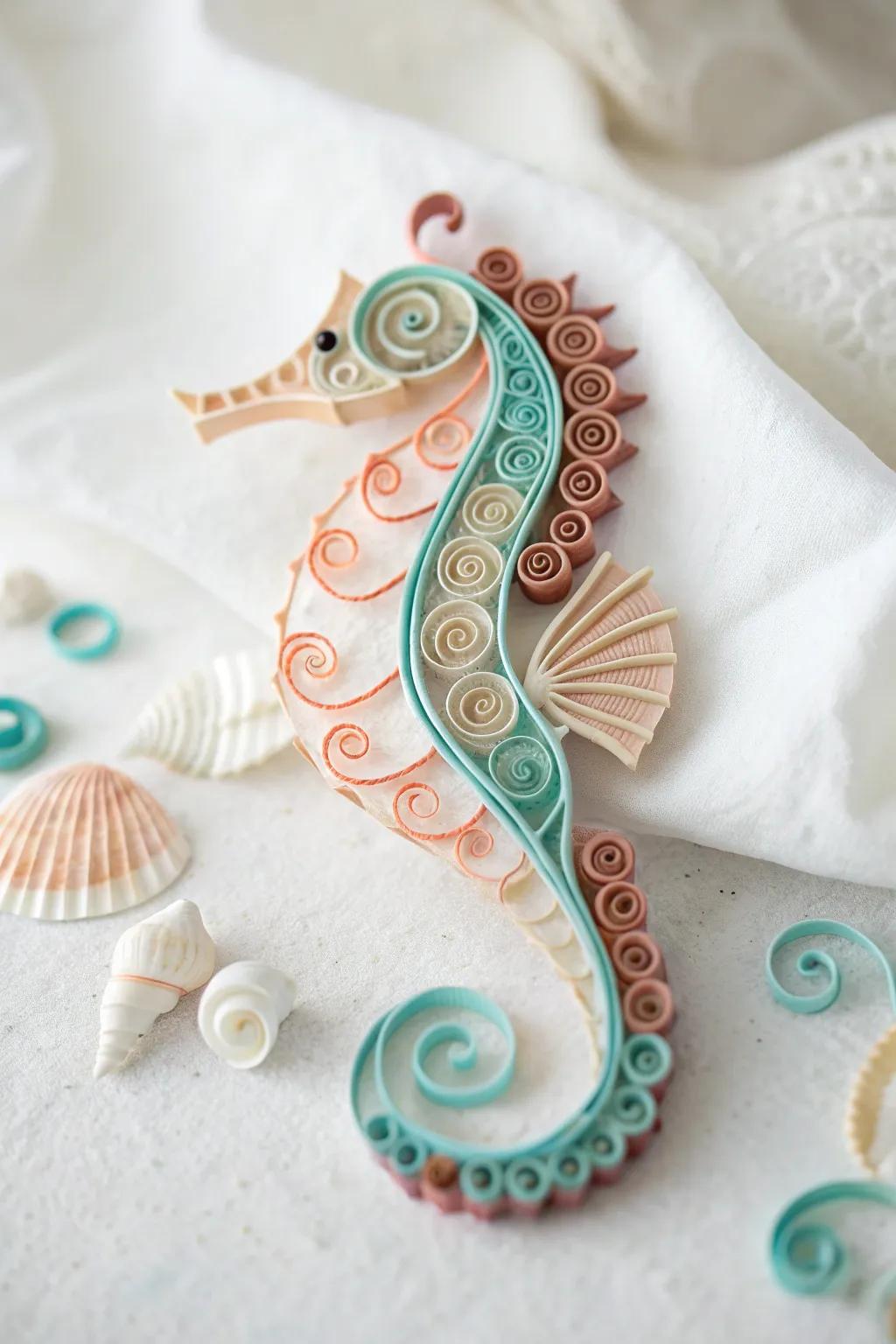 Dive into serenity with this exquisite quilled seahorse, a perfect blend of nautical charm and minimalist elegance.