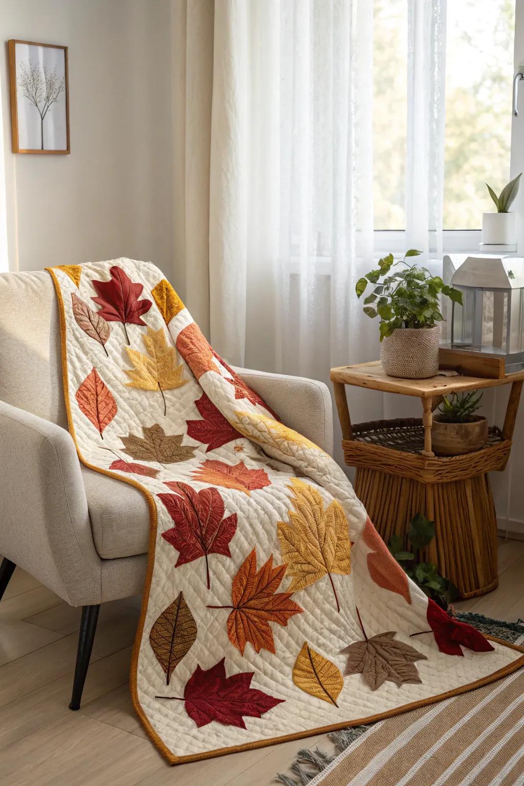 Embrace the season with a cozy autumn leaf quilt, adding warmth and charm to your minimalist haven.