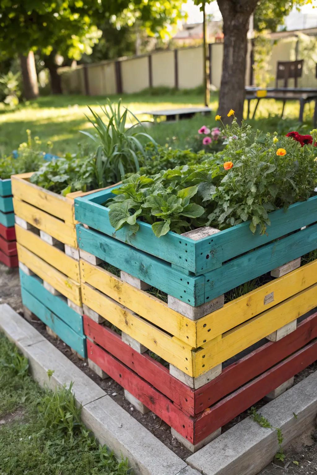 Transform your garden with a burst of color using painted pallet beds. Brighten up any corner with creativity and style.