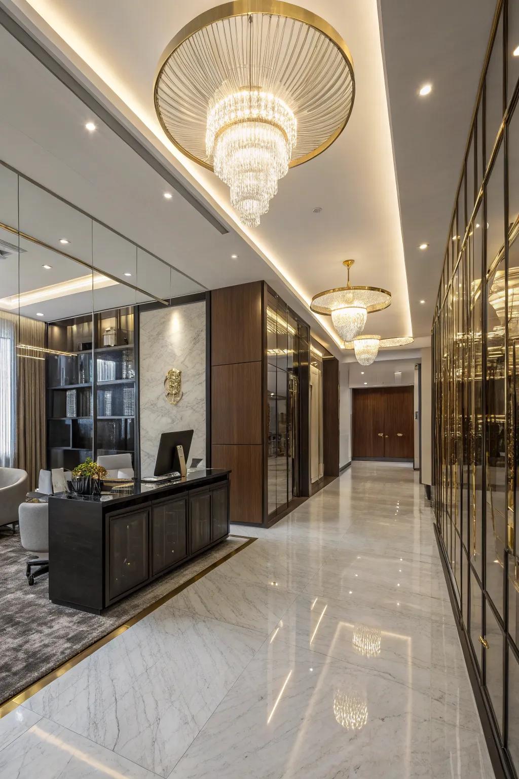 An upscale office design featuring luxurious materials and statement lighting.