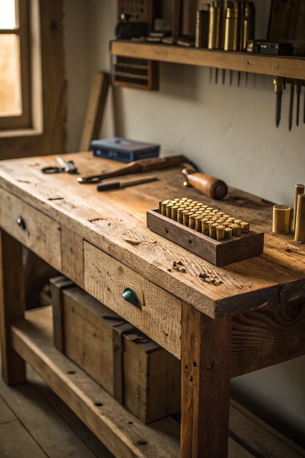 Transform your reloading space with a rustic wooden bench for ultimate style and function.