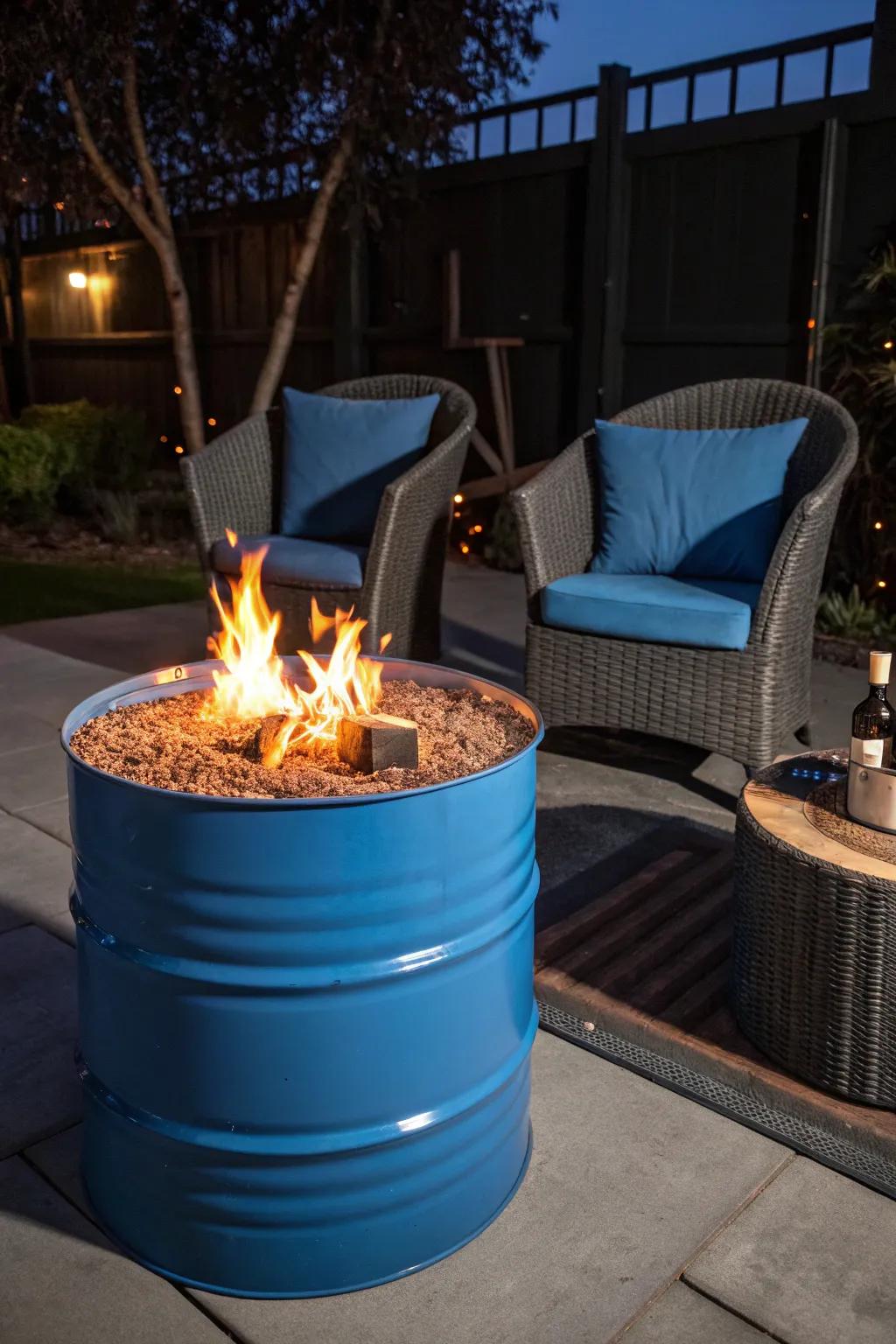 Ignite your outdoor space with a splash of color: a custom-painted blue oil tank fire pit.