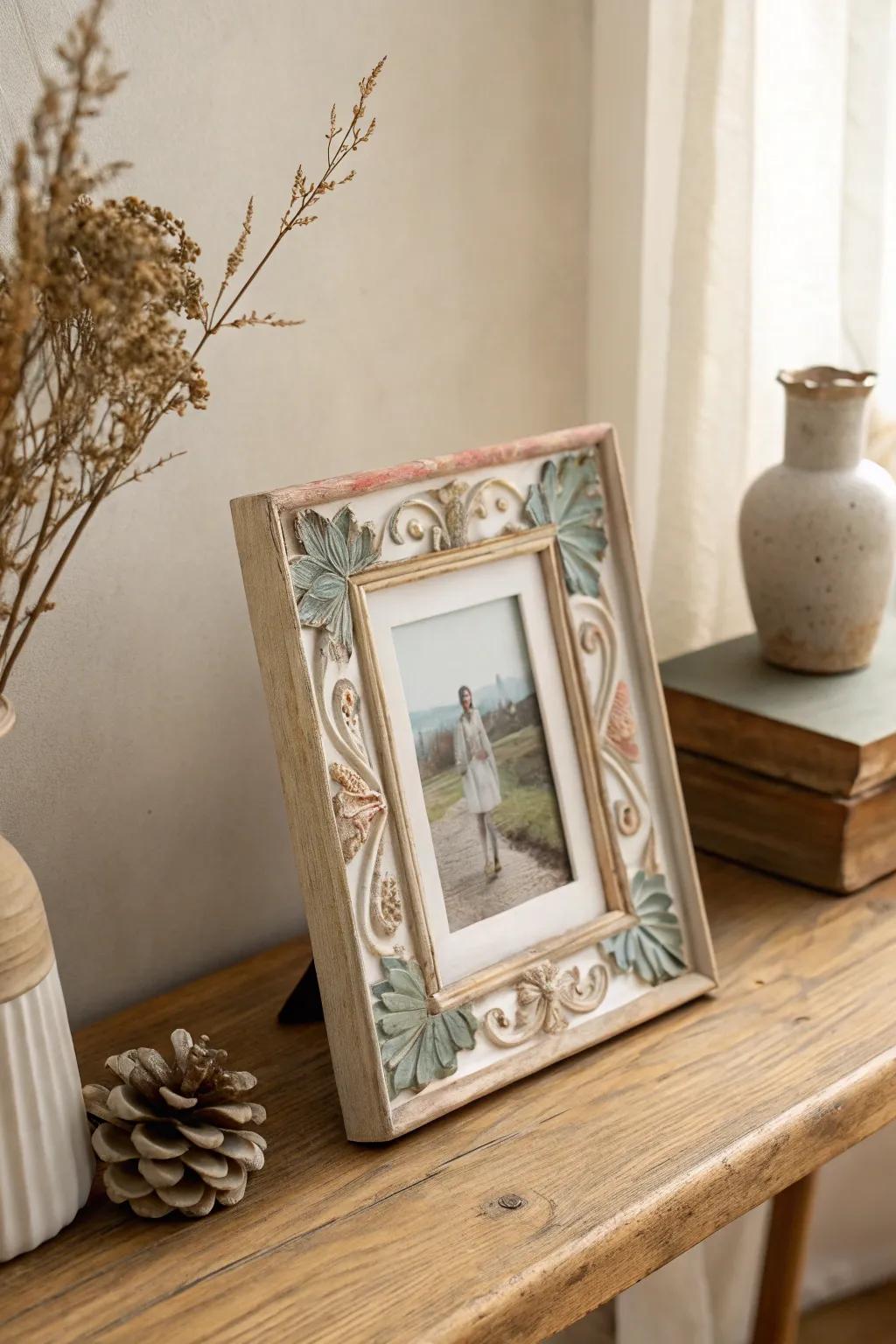 Embrace nostalgia with a vintage-inspired resin frame that tells a story.