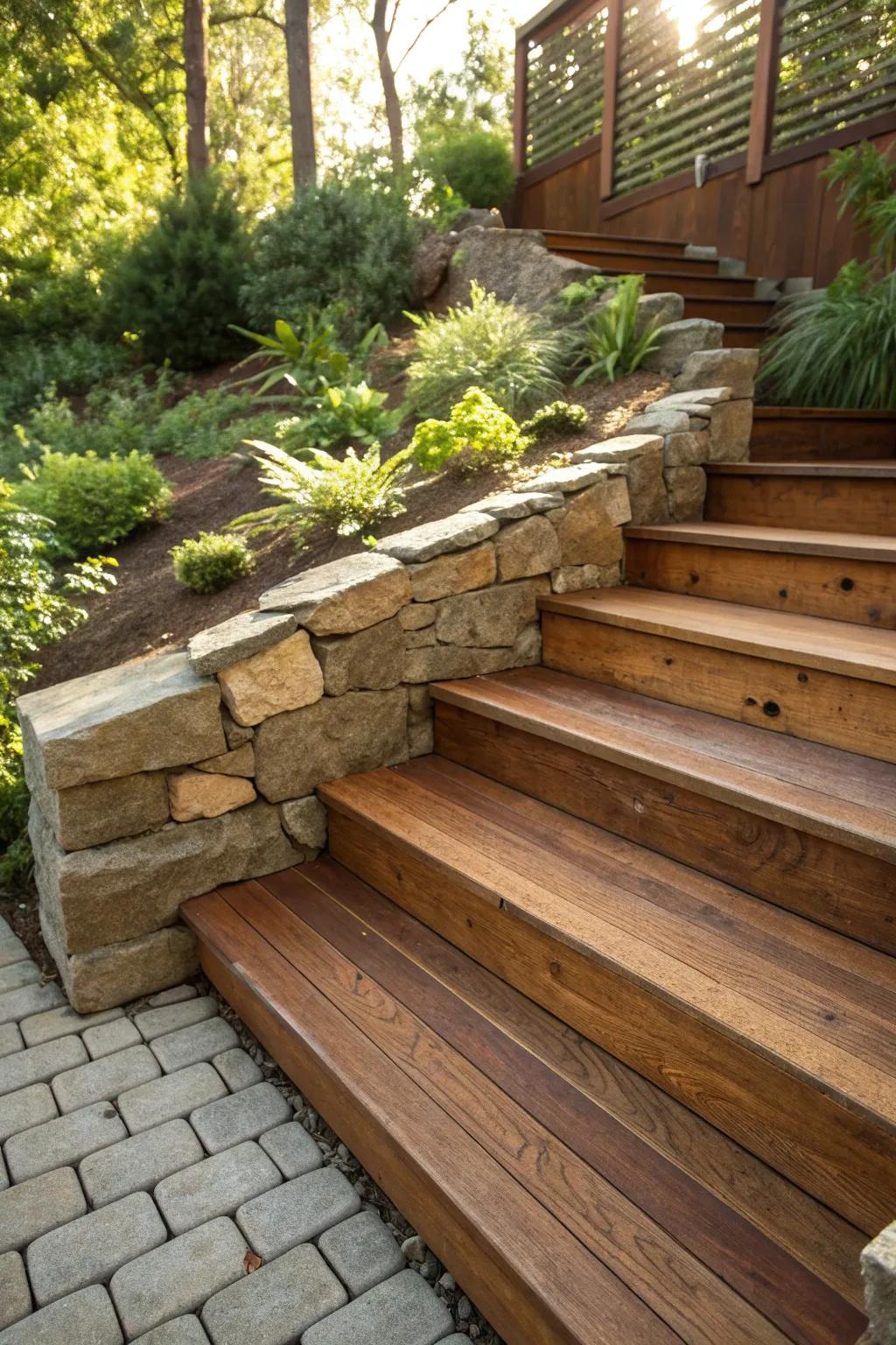 Step into serenity with these stunning wooden steps, a perfect blend of nature and craftsmanship.