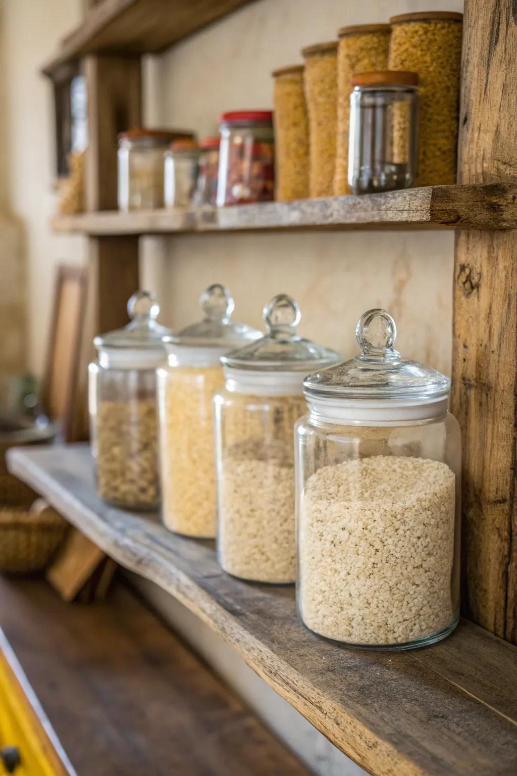 Glass jars offer a classic and decorative storage solution.