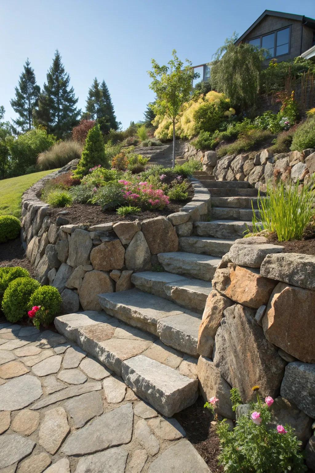 Transform your yard with stunning rock terraces for a natural and functional landscape.