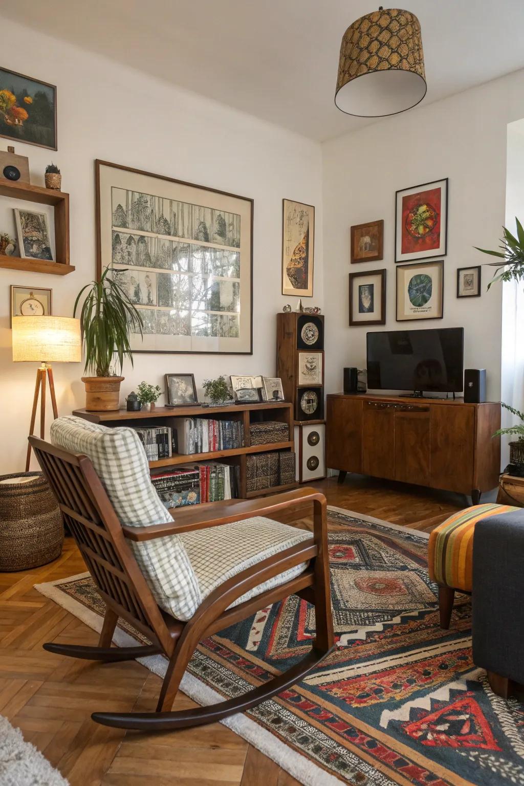 An eclectic space with a rocking chair and a mix of decor styles.