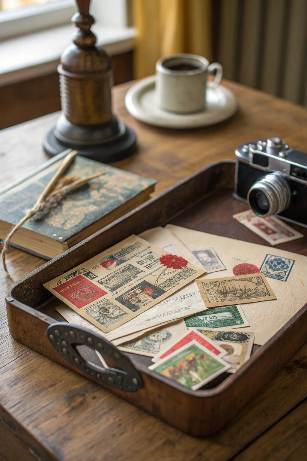 Step back in time with a vintage-inspired rolling tray that captures the charm of yesteryears.