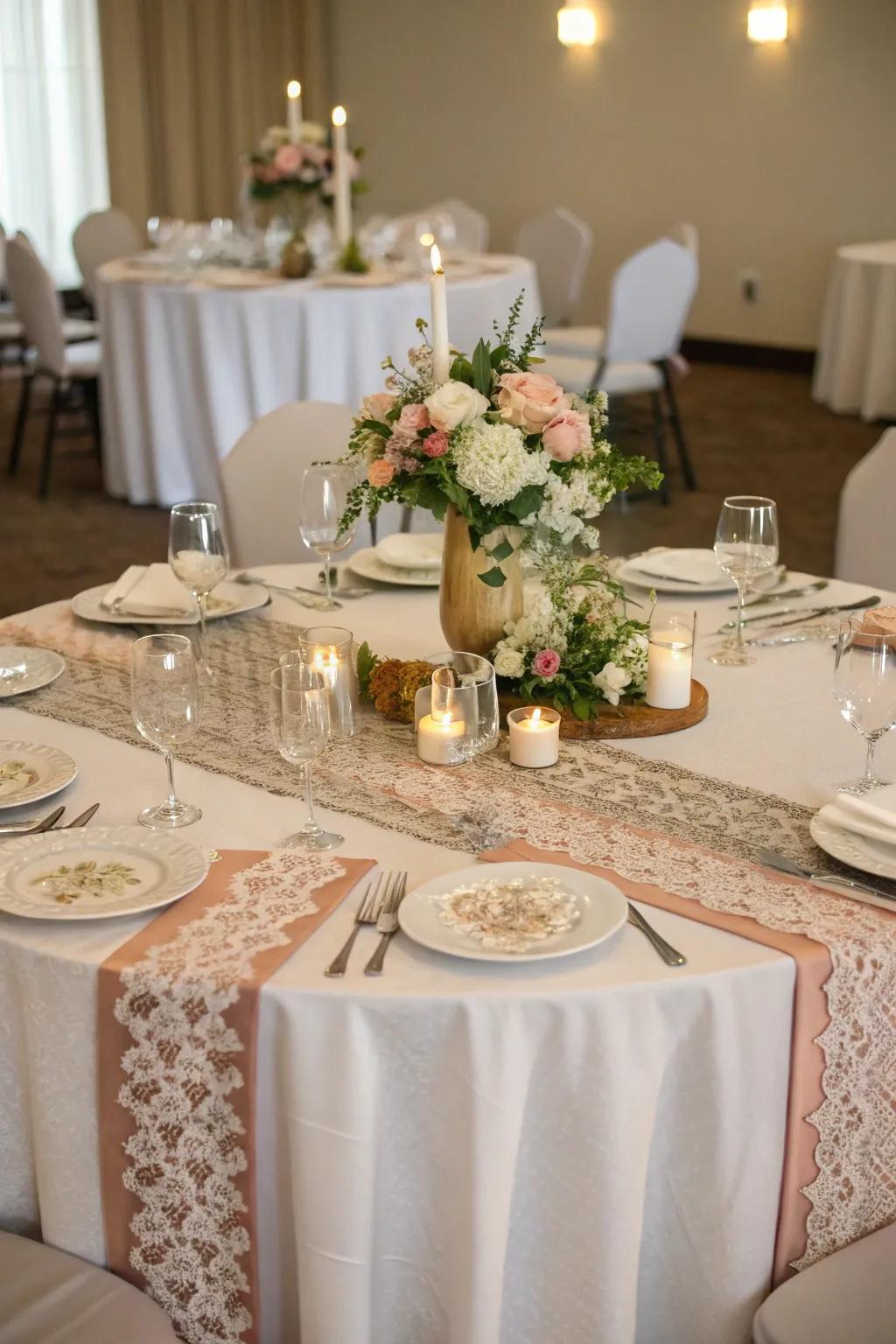 Achieve a multidimensional effect with layered tablecloths and runners.