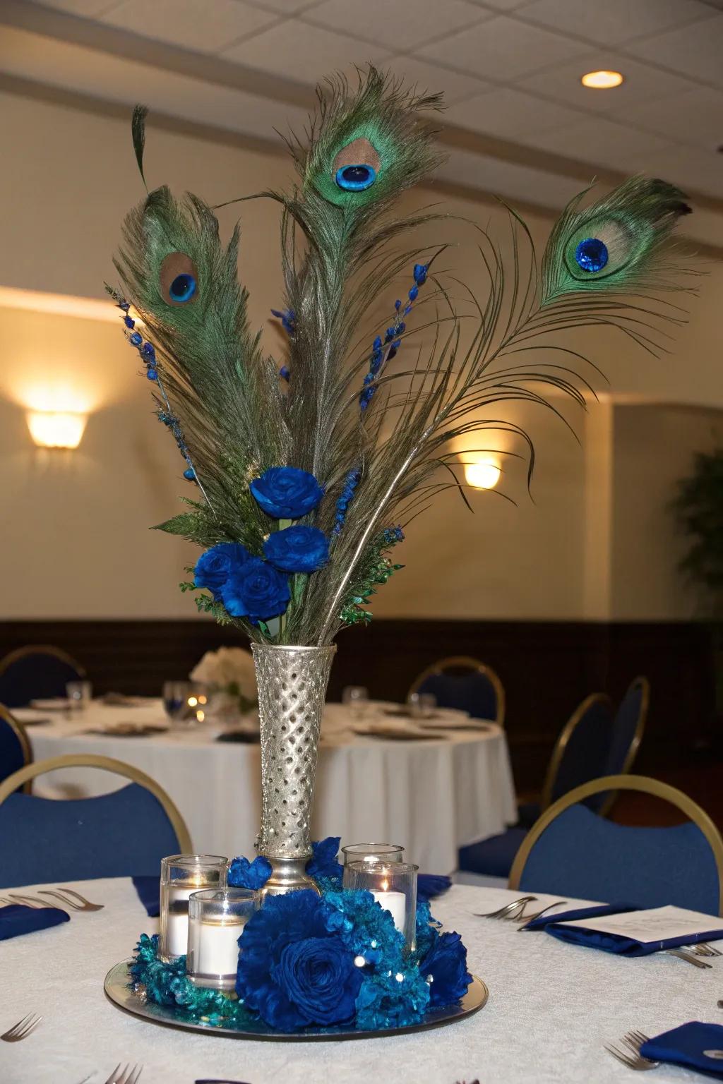Peacock feathers paired with royal blue create a dramatic and regal centerpiece.