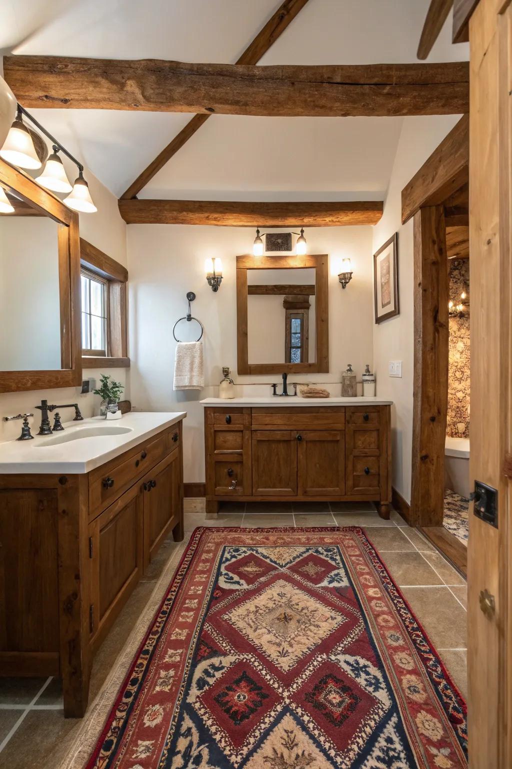 A rustic bathroom with a patterned rug in front of the vanity.