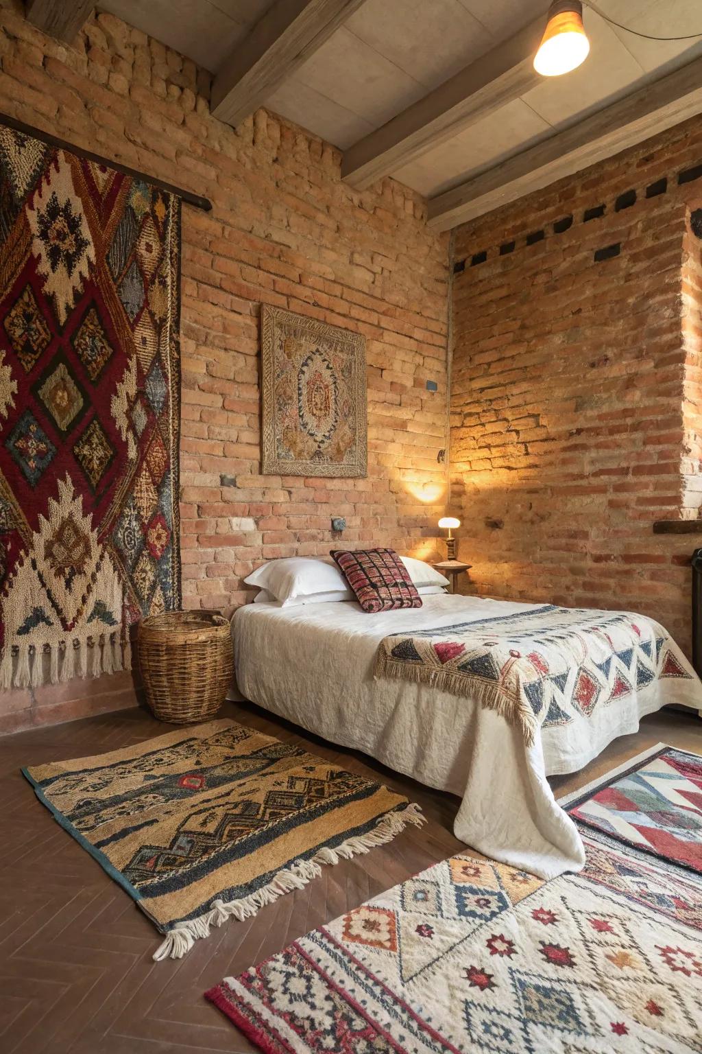 Playful patterns bringing life and interest to the rustic bedroom.