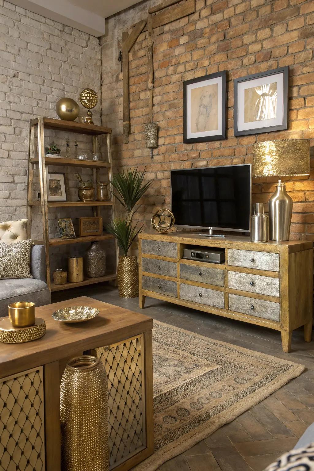 Metallic accents bring a touch of glamour to this rustic setting.