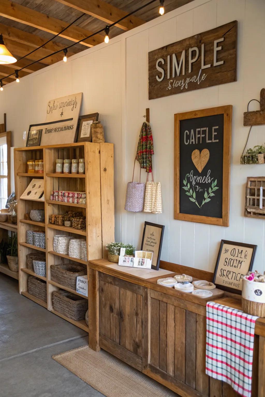 Simple branding complements the rustic theme of this shop.