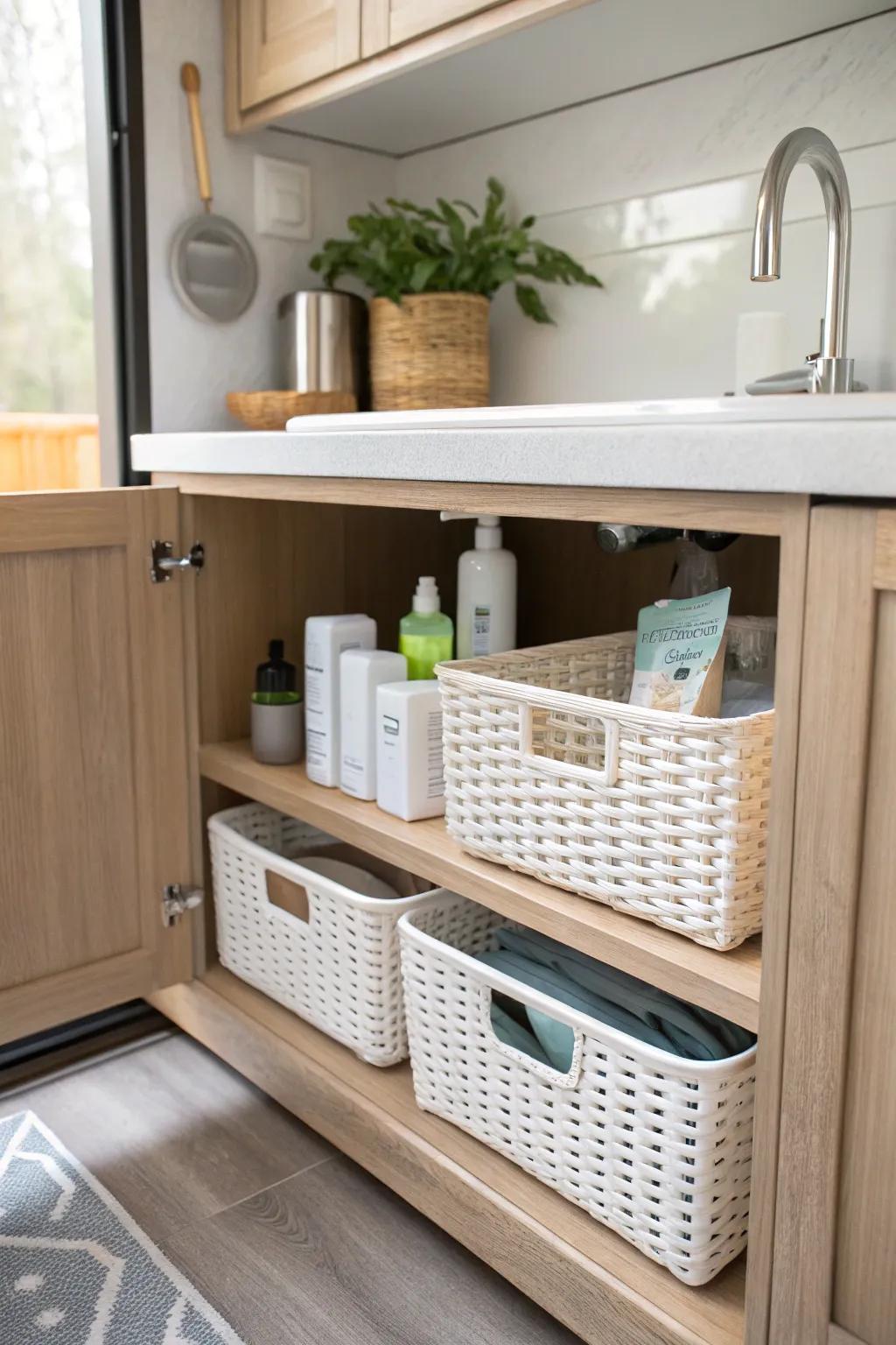 Transform your RV kitchen with elegant under-sink storage solutions that blend style and functionality effortlessly.