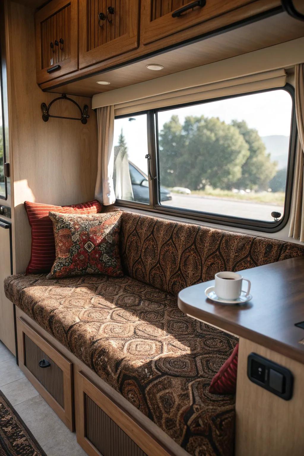 Transform your RV window into a cozy retreat with stylish cushioned seating—perfect for those quiet coffee moments on the road.