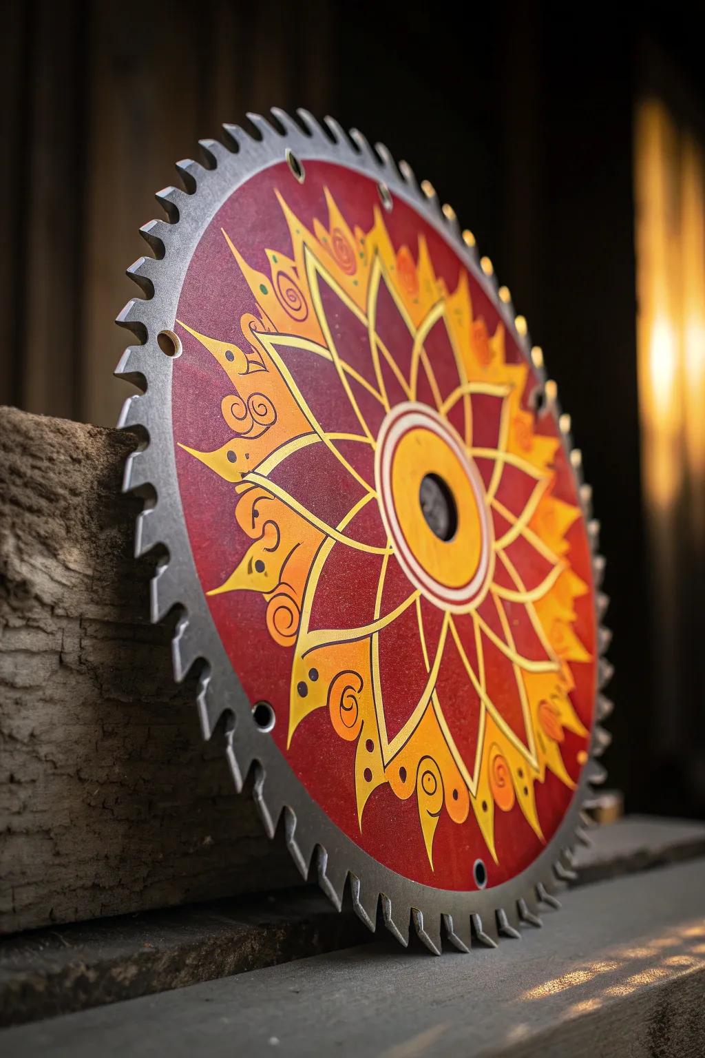 Illuminate your space with striking sunburst saw blade art.