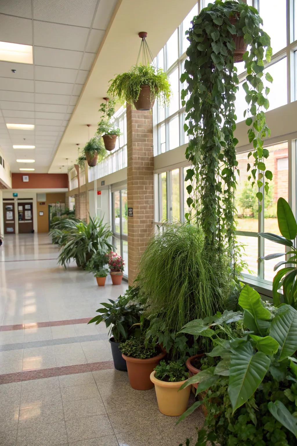 Indoor plants in a school lobby, fostering a calming atmosphere.