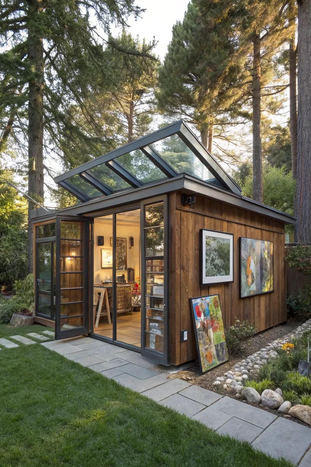 Discover your creative escape in a perfectly lit art studio shed.