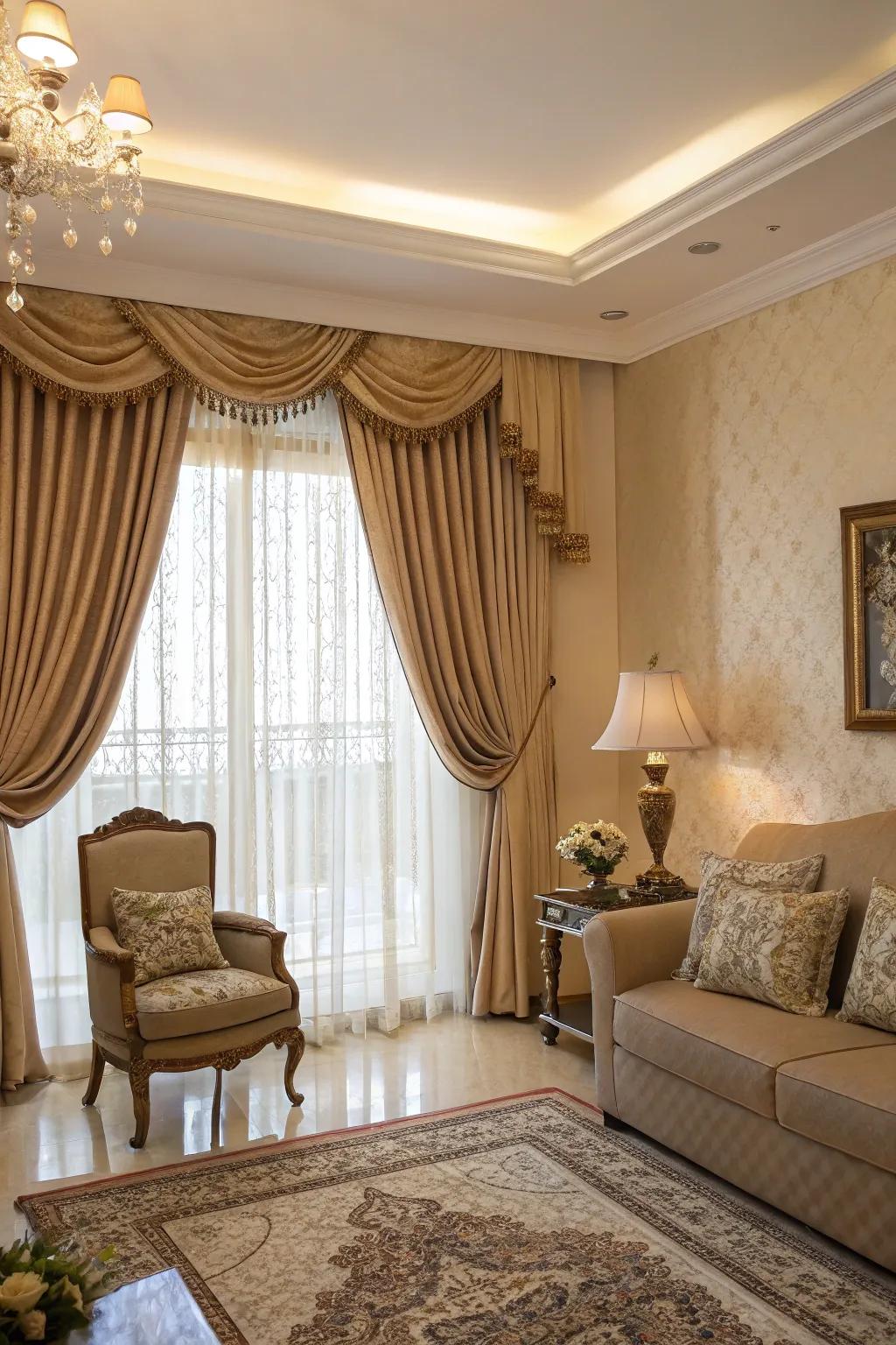Short curtains with a valance for a touch of elegance.