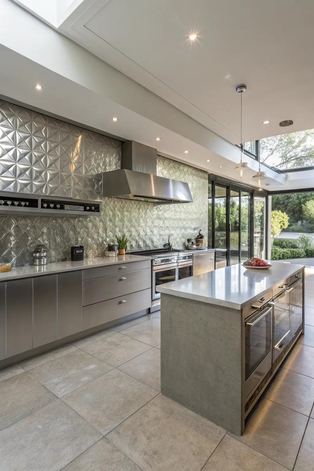 A versatile kitchen design showcasing the adaptability of a silver backsplash.